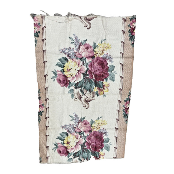 Vintage Fabric Remnant Red Pink Green Cabbage Rose Floral Mid Century Designer - Picture 5 of 5